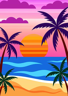 Vivid Tropical Sunset Beach Landscape with Palm Trees and Ocean Waves Metal Wall Print Art