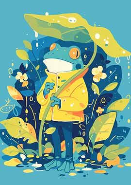 Frog in Raincoat with Leaf Umbrella