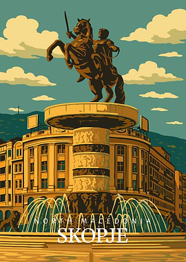 Skopje Warrior on Horse Print: Vintage Balkan Travel Poster