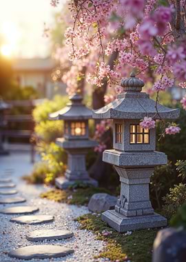 Japanese Garden with Stone Lanterns