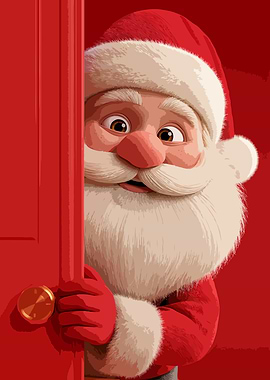 Santa Claus Peeking Behind Red Door