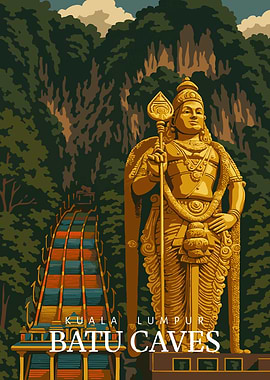 Batu Caves Vintage Travel Poster: Golden Murugan Statue, Malaysia Illustration