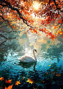 Swan in Autumn Lake