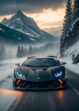 Lamborghini in Snowy Mountain Landscape