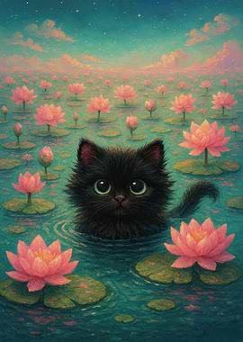 Black Cat in Lotus Pond