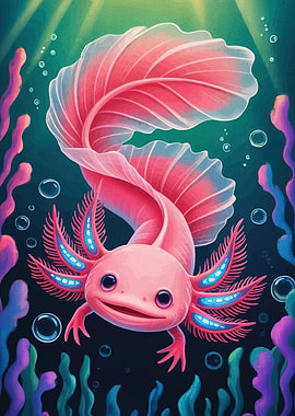 Cute Pink Axolotl in Underwater Scene