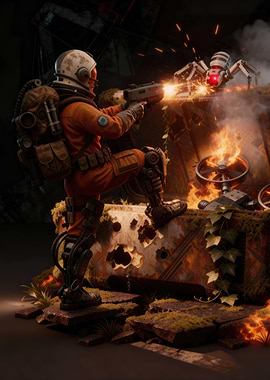 Astronaut fighting robot spider in ruins