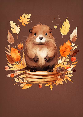 Cute Beaver with Autumn Leaves