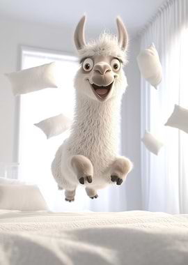 Cartoon Llama Jumping on Bed
