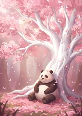 Panda Resting Under Cherry Blossom Tree