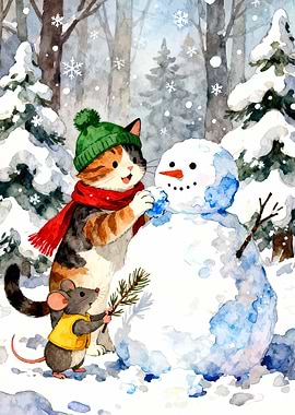 Cat and Mouse Building Snowman