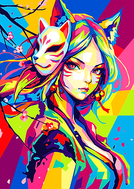 Colorful Kitsune Girl Pop Art Portrait