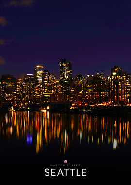 Seattle Skyline at Night Reflection