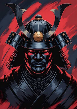 Samurai Warrior Portrait with Red Background