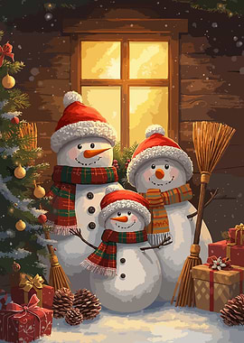 Snowman Family Christmas Scene
