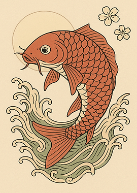 Koi Fish Illustration with Waves