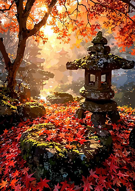 Autumn Japanese Garden with Stone Lantern
