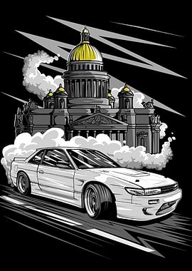 White Car Drifting in Cityscape Illustration