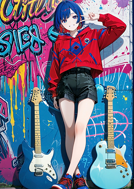Anime Girl with Guitars and Graffiti