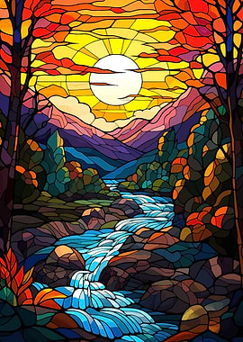 Stained Glass River Landscape