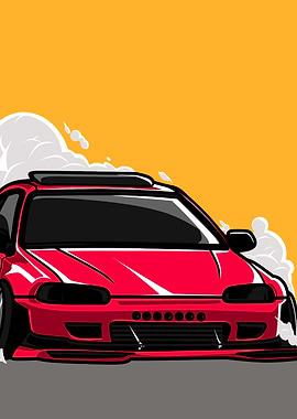 Red Car Illustration with Smoke Effects