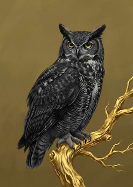 Great Horned Owl on Golden Branch