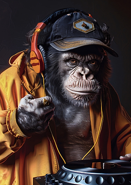 Chimpanzee DJ with Headphones and Turntable