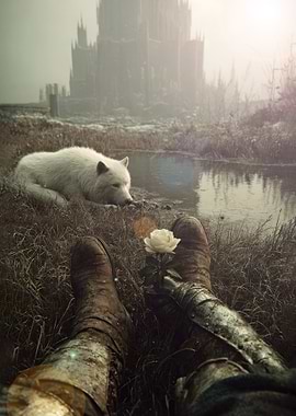 Knight, Wolf, and Rose by the River