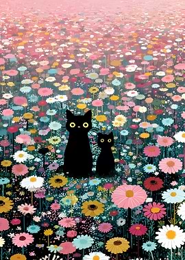 Black Cats in a Colorful Flower Field