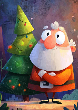 Cartoon Santa Claus with Christmas Tree