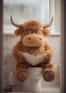 Stuffed Highland Cow Reading on Toilet