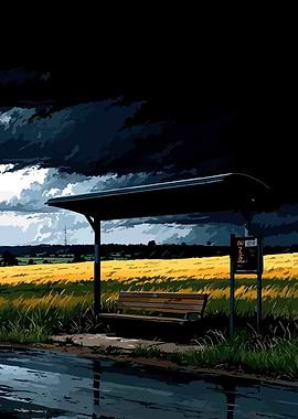 Rural Bus Stop Under Stormy Sky
