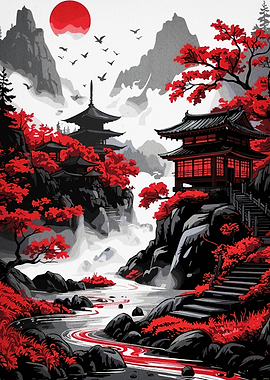 Japanese Landscape Pagodas and River