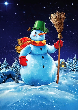 Cheerful Snowman in Winter Landscape