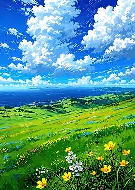 Anime Style Landscape with Flowers