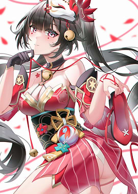 Anime Girl with Fox Mask and Bells