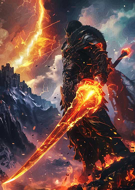 Fiery Knight with Sword in Landscape