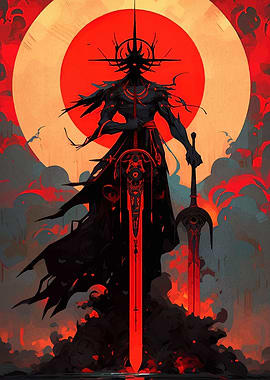 Dark Warrior with Swords and Red Moon