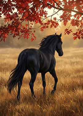 Black Horse in Autumn Field