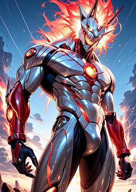 Cybernetic Warrior with Fiery Hair