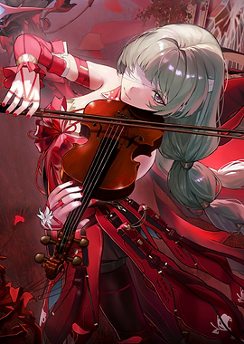 Anime Girl Playing Violin in Red