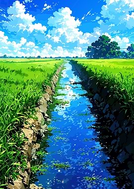 Rural Landscape with Stream and Clouds