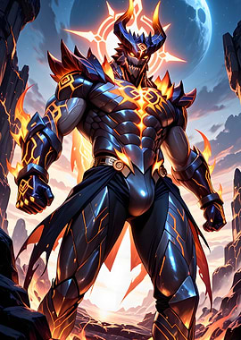 Armored Demon Warrior with Fiery Accents