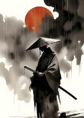 Samurai in Rain with Red Moon