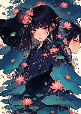 Anime Girl with Cat and Lotus