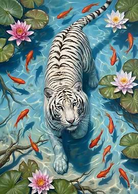 White Tiger in Water with Fish