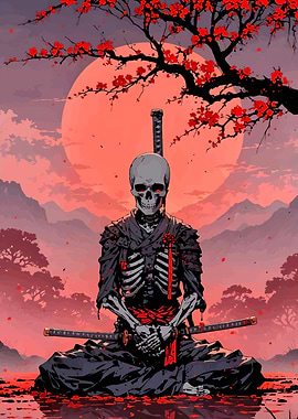 Samurai Skeleton Meditation Under Red Moon