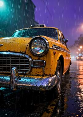 Vintage Yellow Taxi in Rainy Neon Night – Cinematic Urban Retro Car Art for Modern
