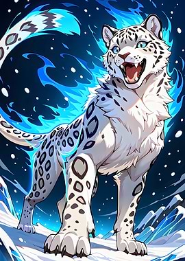 Stylized Snow Leopard with Blue Flames