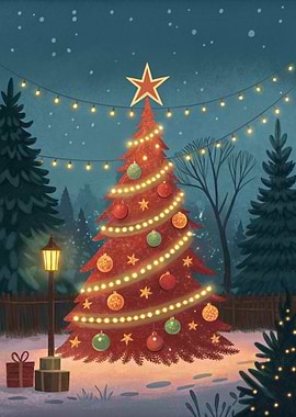 Christmas Tree in Winter at Night